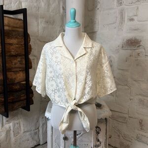 Cider Cream Floral Lace Tie-Front Blouse